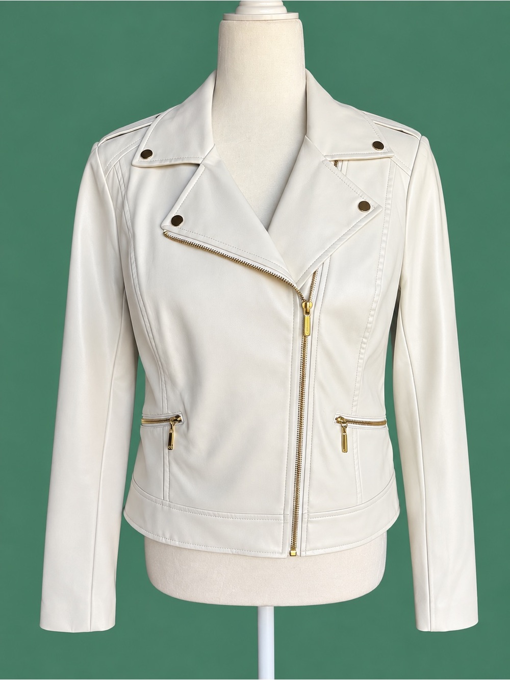 Thalia Sodi White Faux-Leather Moto Jacket with Gold Hardware